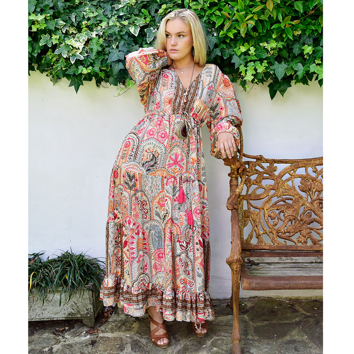 'Tuuli' Pink, Orange & Cream Floral Tile Print Maxi Dress