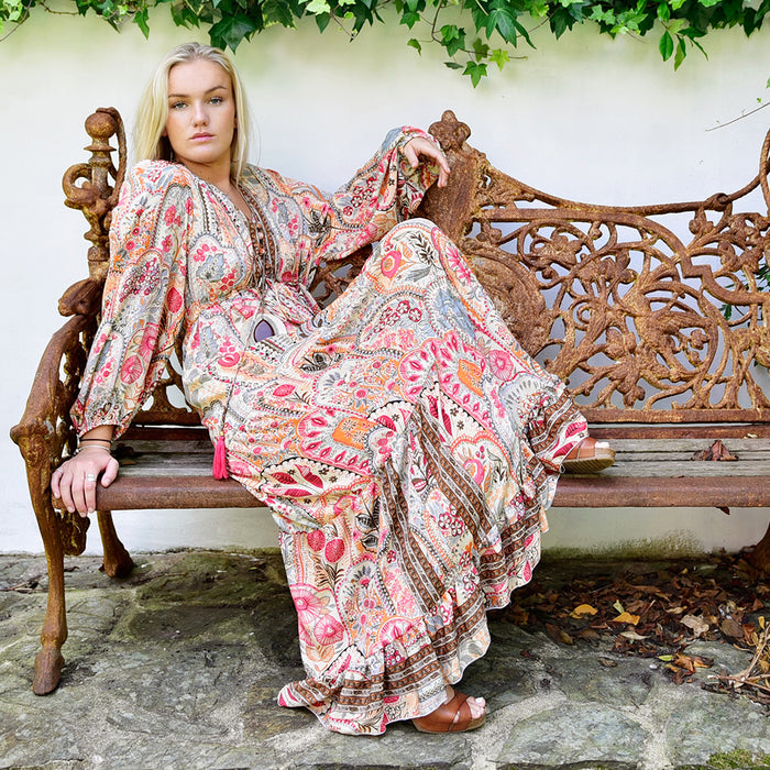 'Tuuli' Pink, Orange & Cream Floral Tile Print Maxi Dress