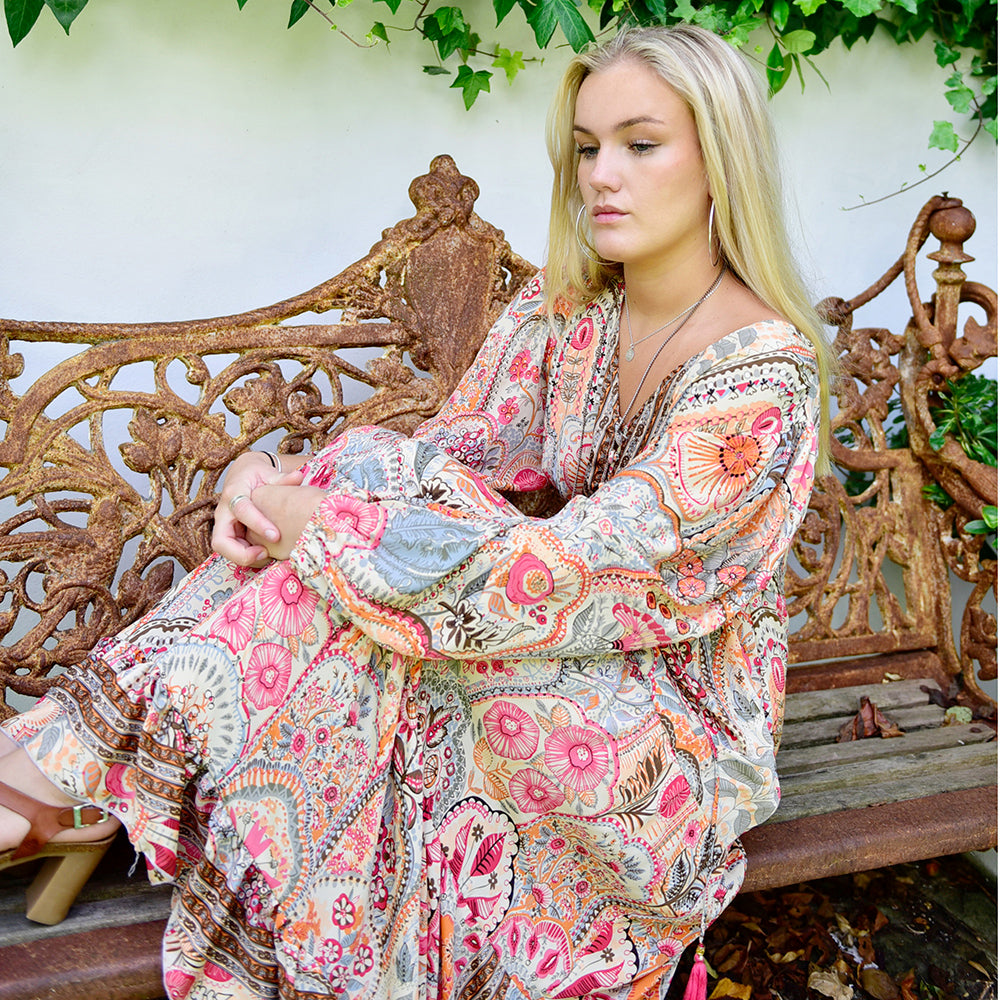 'Tuuli' Pink, Orange & Cream Floral Tile Print Maxi Dress