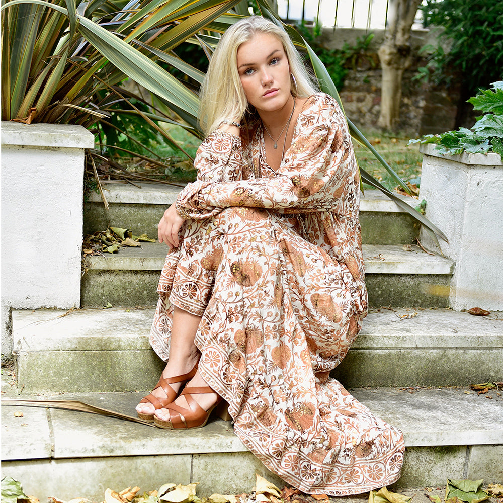 'Danica' Cream, Terracotta & Gold Floral Print Maxi Dress