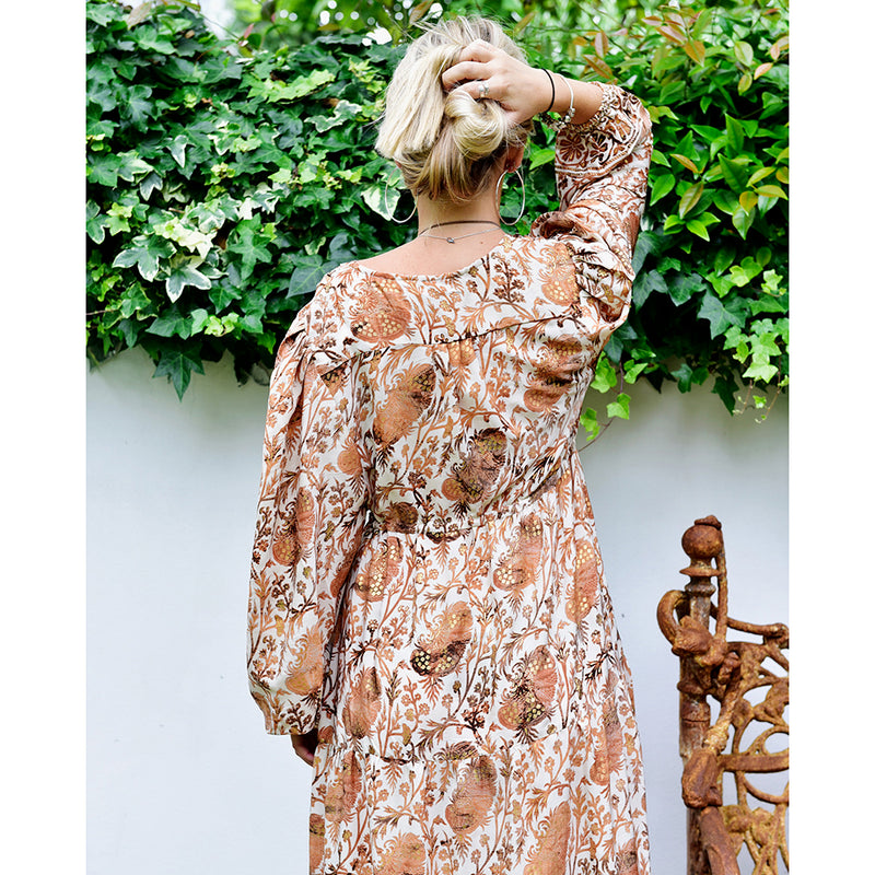 'Danica' Cream, Terracotta & Gold Floral Print Maxi Dress