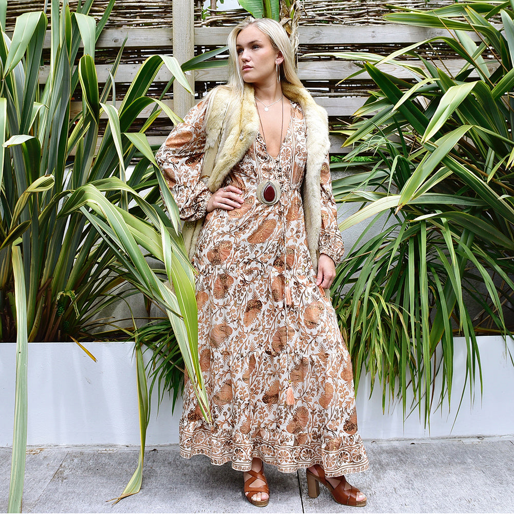 'Danica' Cream, Terracotta & Gold Floral Print Maxi Dress