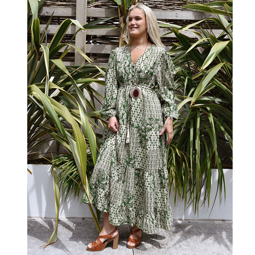 'Verdell' Green & Gold Paisley Maxi Dress