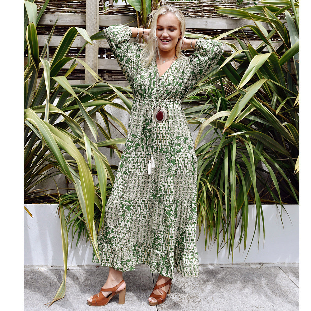 'Verdell' Green & Gold Paisley Maxi Dress