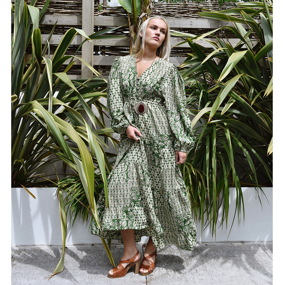 'Verdell' Green & Gold Paisley Maxi Dress