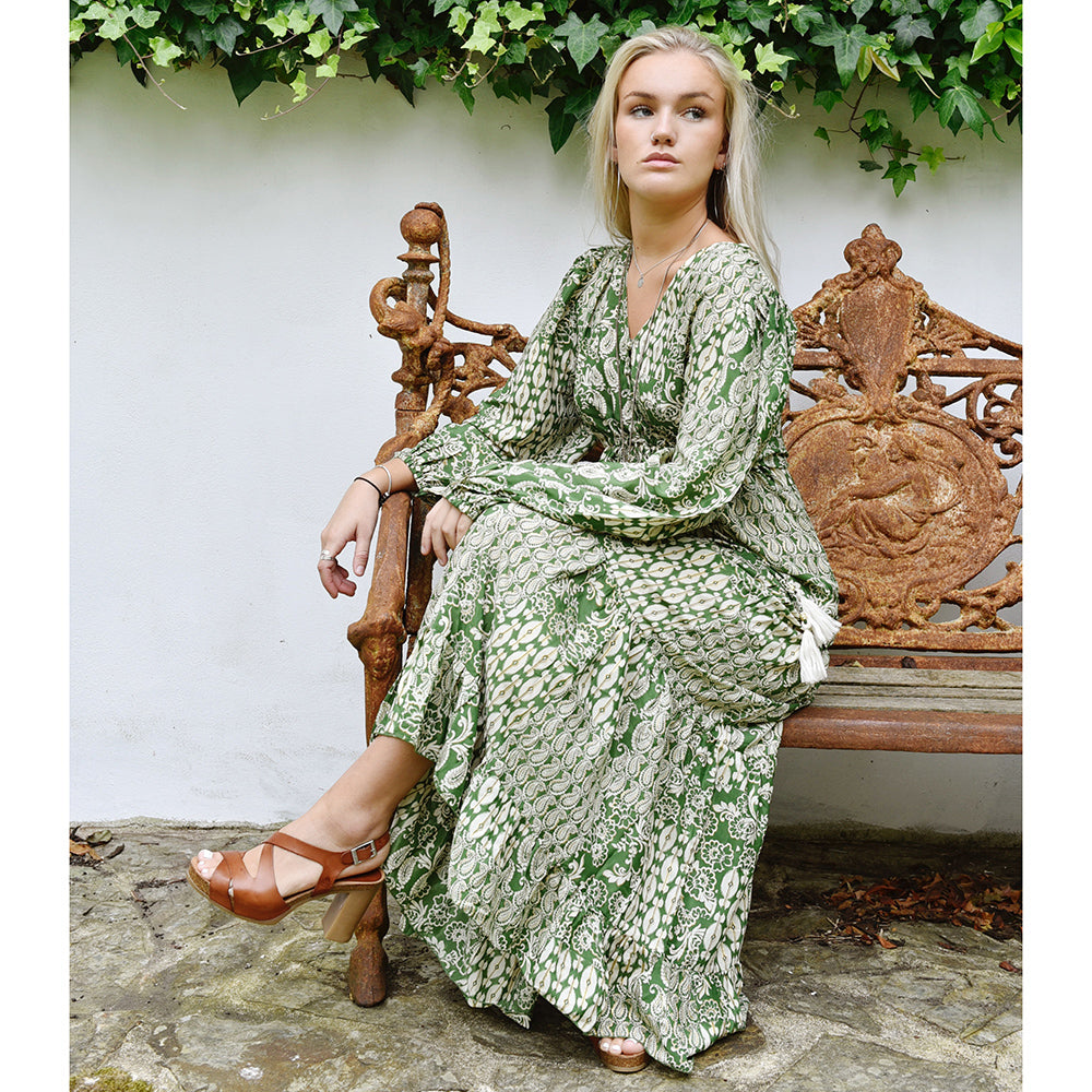 'Verdell' Green & Gold Paisley Maxi Dress