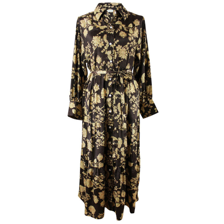 'Mika' Rich Brown & Gold Floral Print Long Tiered Dress