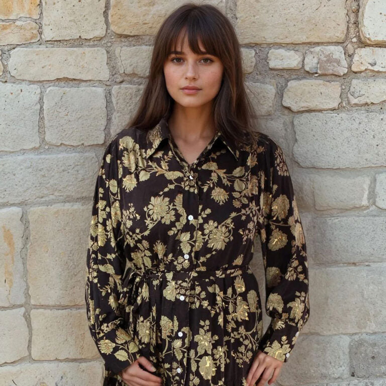'Mika' Rich Brown & Gold Floral Print Long Tiered Dress
