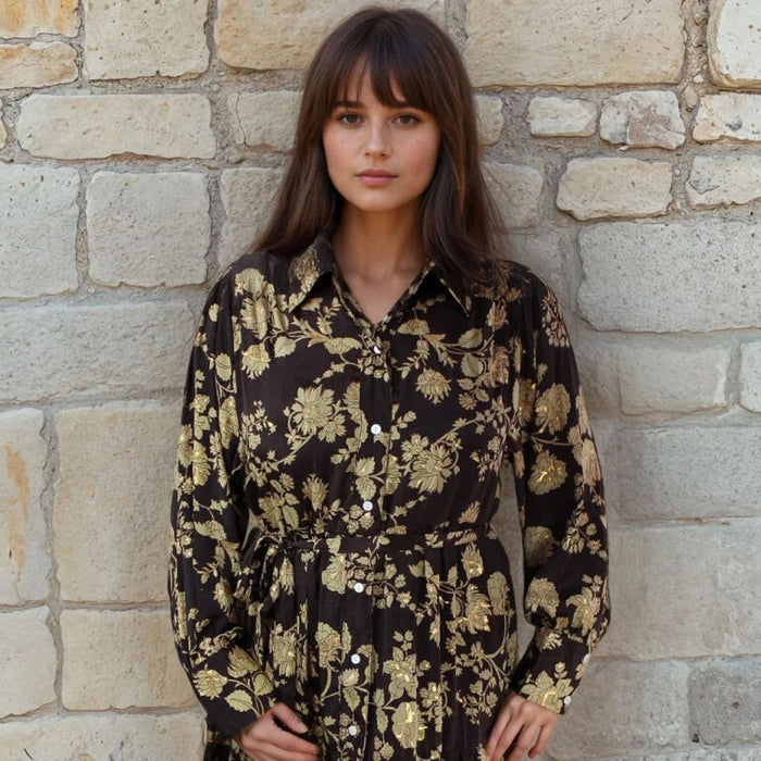 'Mika' Rich Brown & Gold Floral Print Long Tiered Dress