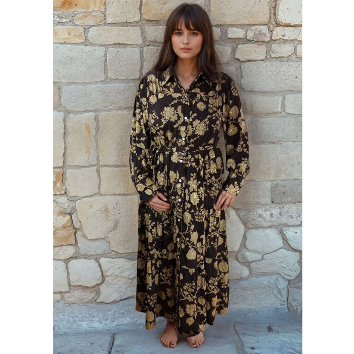 'Mika' Rich Brown & Gold Floral Print Long Tiered Dress
