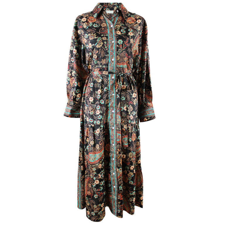 'Amara' Black, Blue & Red Floral Paisley Print Long Tiered Dress