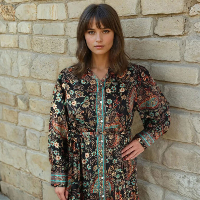 'Amara' Black, Blue & Red Floral Paisley Print Long Tiered Dress