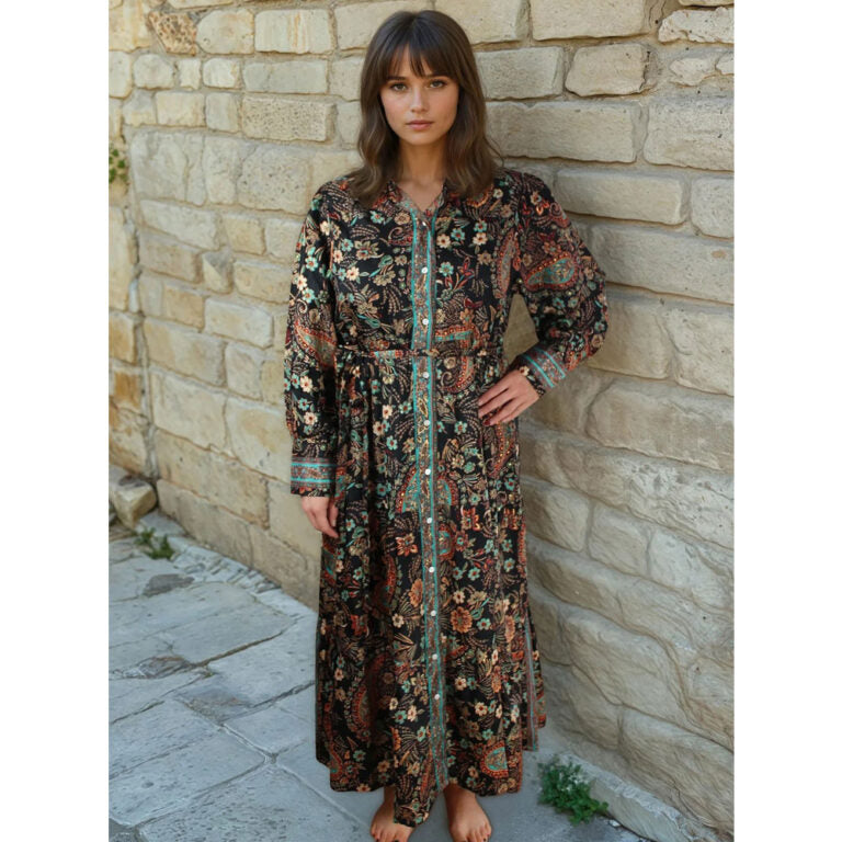 'Amara' Black, Blue & Red Floral Paisley Print Long Tiered Dress