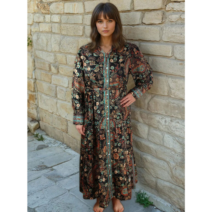 'Amara' Black, Blue & Red Floral Paisley Print Long Tiered Dress