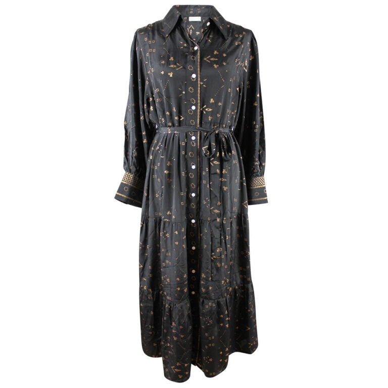 'Ember' Black & Gold Small Geo Print Long Tiered Dress
