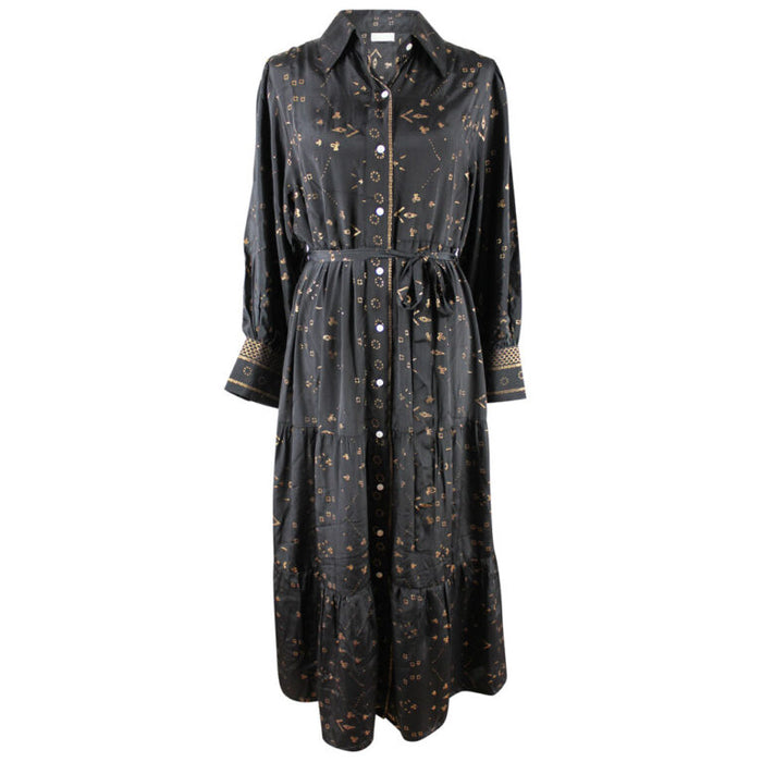 'Ember' Black & Gold Small Geo Print Long Tiered Dress