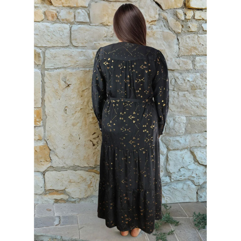 'Ember' Black & Gold Small Geo Print Long Tiered Dress