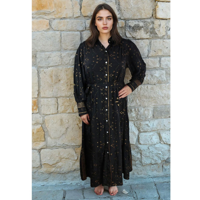 'Ember' Black & Gold Small Geo Print Long Tiered Dress