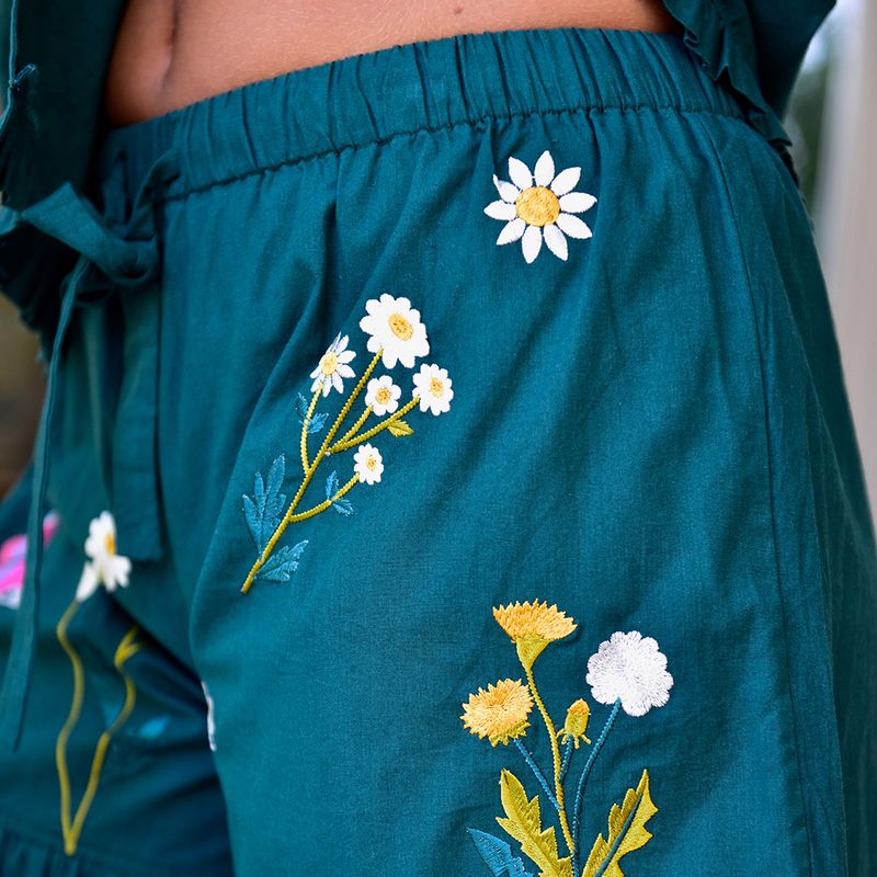 Forest Green Embroidered Floral Cotton Short Pyjama Set