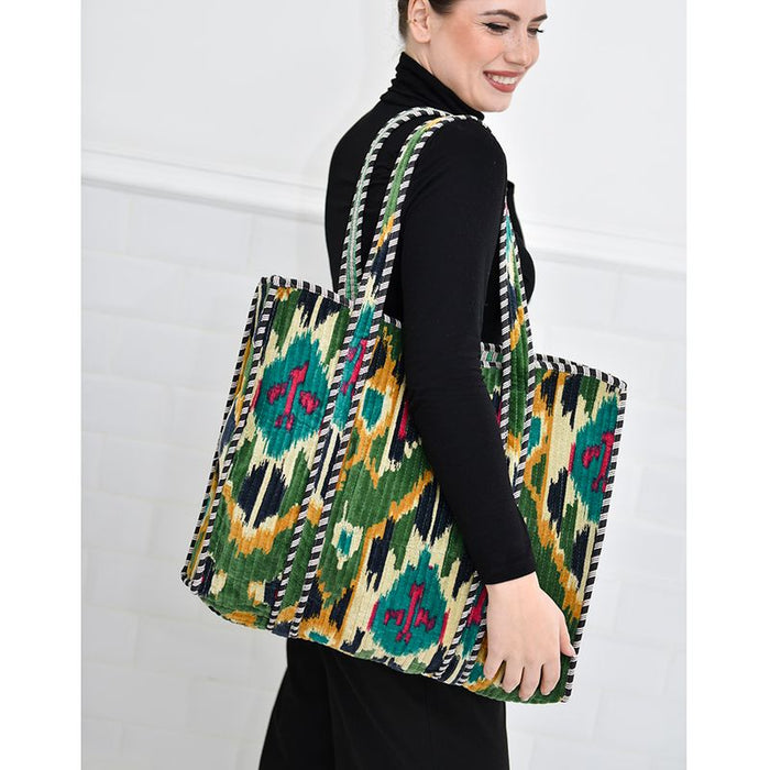 Green Velvet Ikat Quilted Shopper Bag
