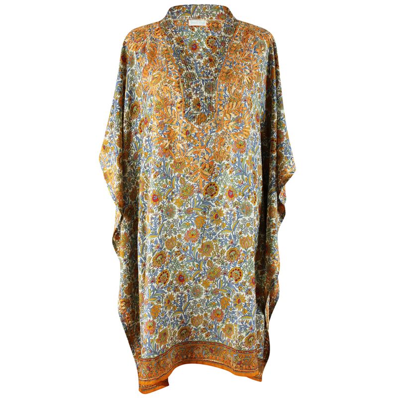Bohemian Orange & Blue Floral Viscose Kaftan with Heavy Orange Fishbone Embroidery