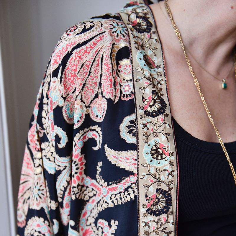 Black, Rose & Gold Floral Baroque Viscose Long Summer Jacket