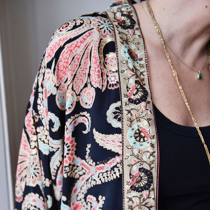 Black, Rose & Gold Floral Baroque Viscose Long Summer Jacket