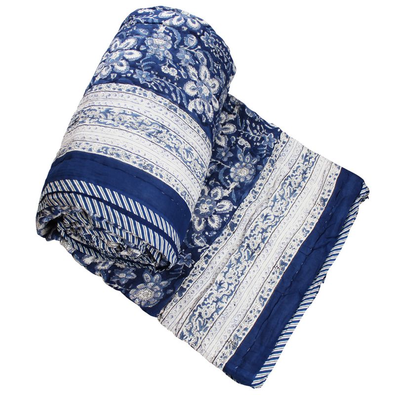 Indigo Blue & White Floral Indian Block Printed Cotton Bed Quilt