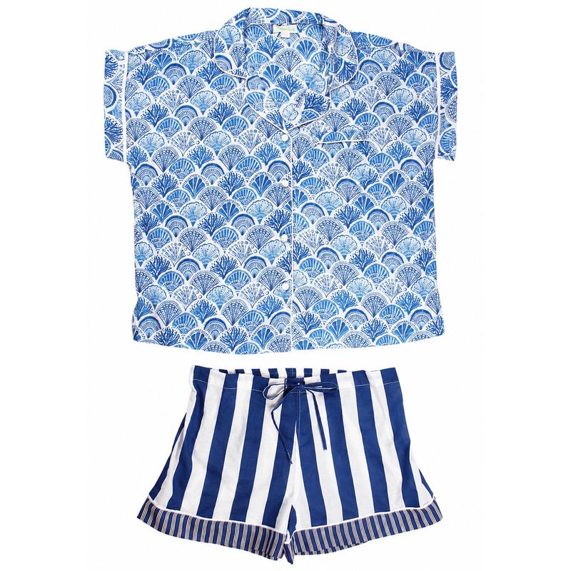 Blue & White Sea Shell Cotton Short Pyjama Set