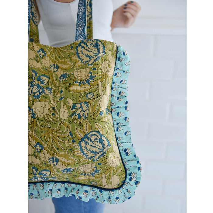 Block Printed Green & Aqua Blue Quilted Ruffle Tote Bag