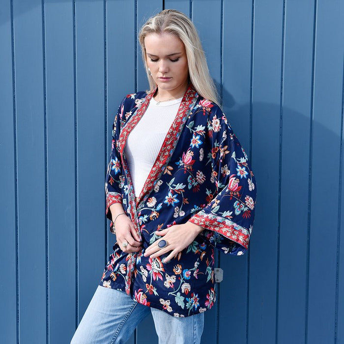 Navy Folk Floral Viscose Summer Jacket