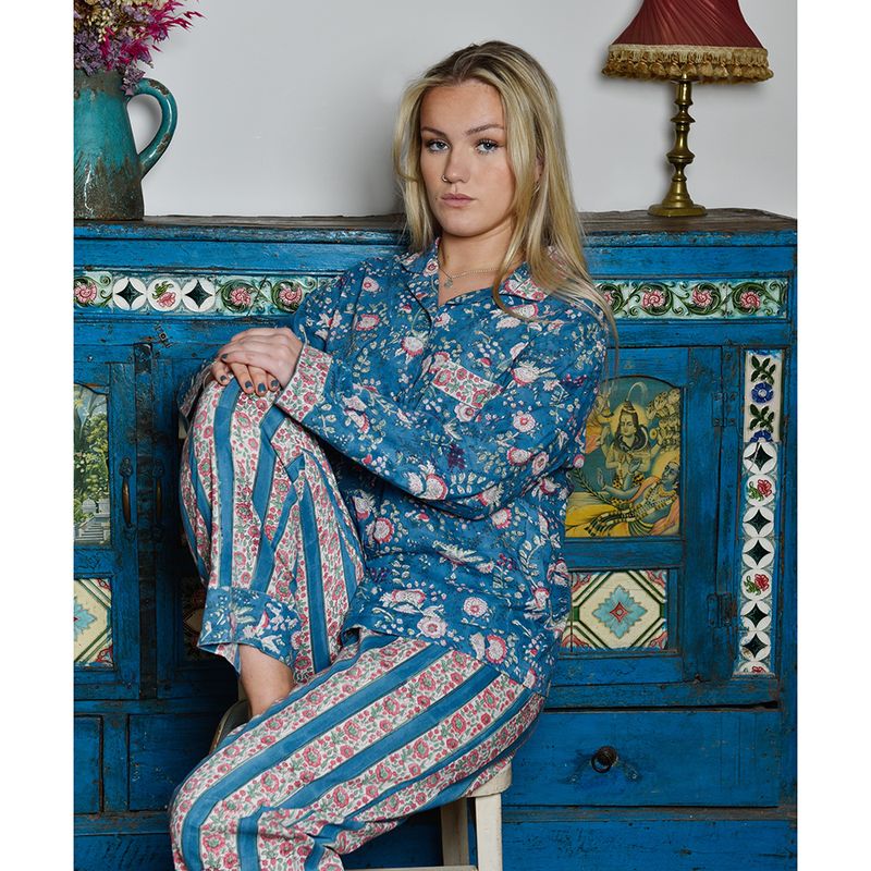 Block Printed Inky Blue & Pink Floral Stripe Cotton Pyjamas
