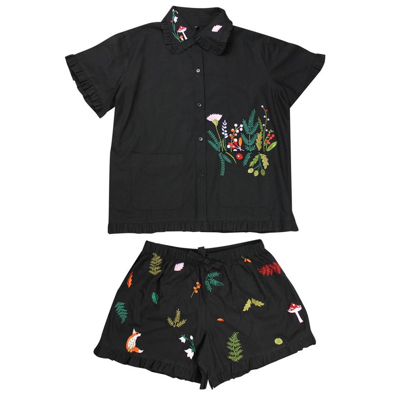 Midnight Black Embroidered Woodland Cotton Short Pyjama Set