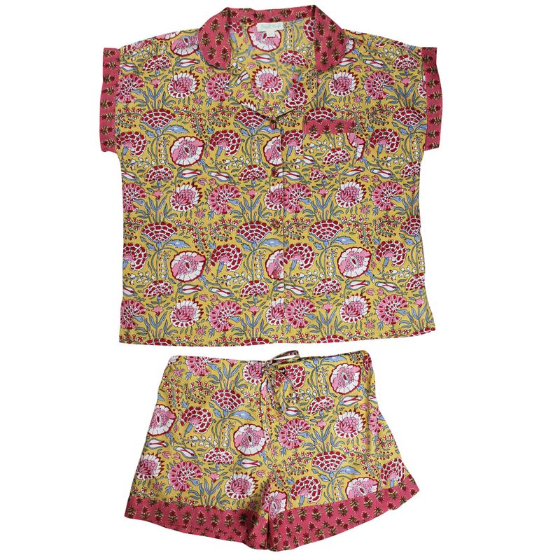 Yellow & Pink Carnation Cotton Short Pyjama Set
