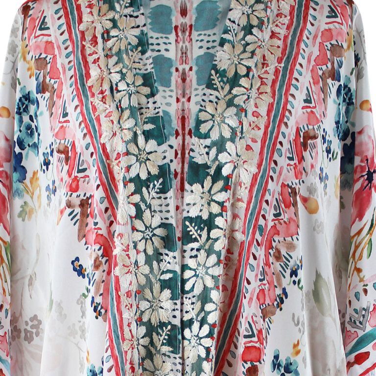 Watercolour Floral Viscose Kaftan Jacket with Heavy Cream Fishbone Embroidery