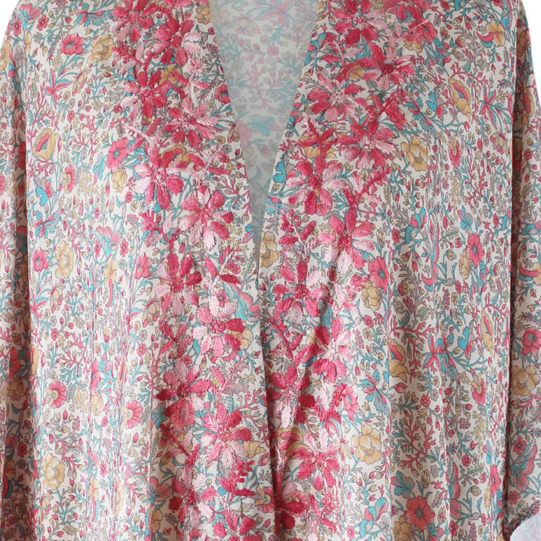 Pastel Floral Viscose Kaftan Jacket with Heavy Pink Ombre Fishbone Embroidery