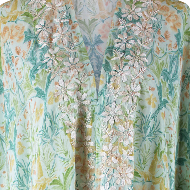 Spring Floral Viscose Kaftan Jacket with Heavy Cream Fishbone Embroidery