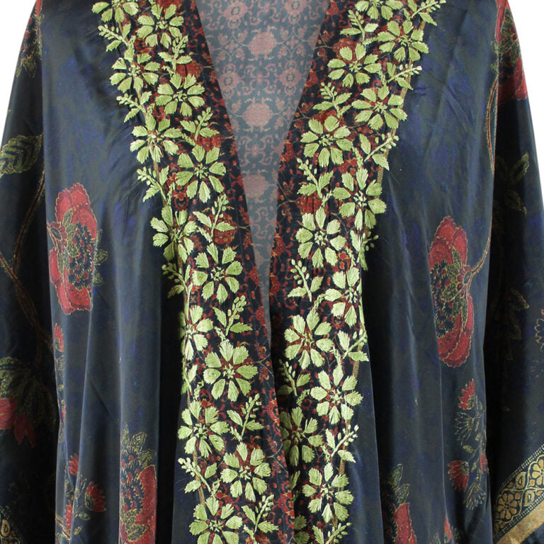 Antique Floral Viscose Kaftan Jacket with Heavy Green Fishbone Embroidery