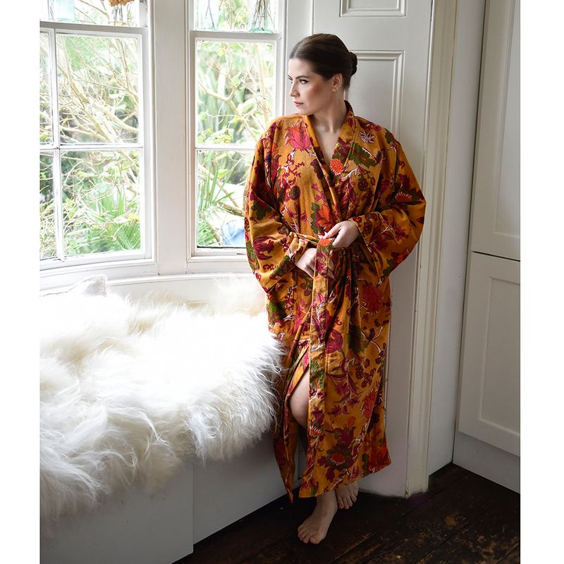 Velvet Mustard Exotic Bouquet Dressing Gown