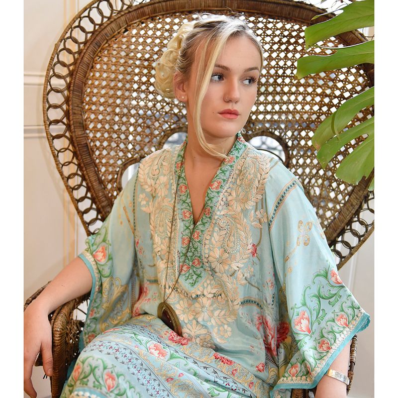 Floral Rose Border Viscose Kaftan In Turquoise with Heavy Cream Fishbone Embroidery