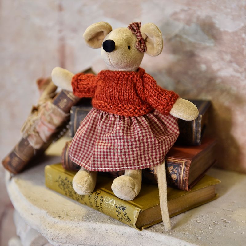 Mouse Teddy In Red Gingham Skirt With Hand Knitted Jumper