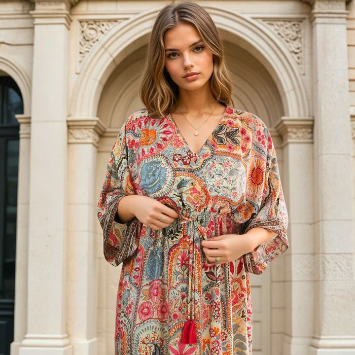 'Teagan' Pink, Orange & Cream Floral Tile Print Batwing Dress