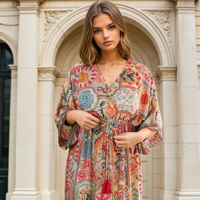 'Teagan' Pink, Orange & Cream Floral Tile Print Batwing Dress