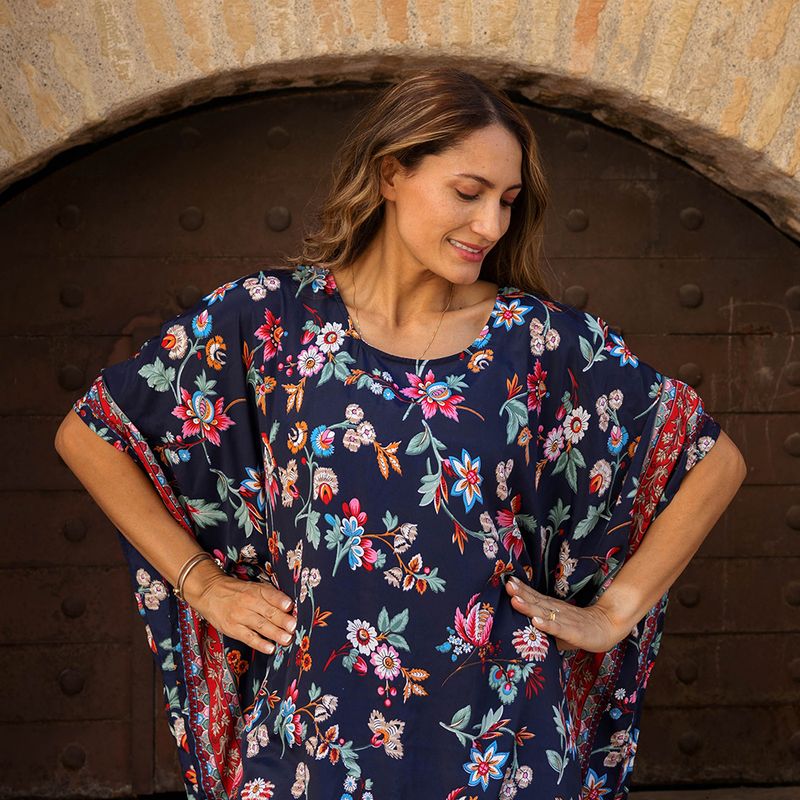 'Cleo' Navy Folk Floral Kaftan