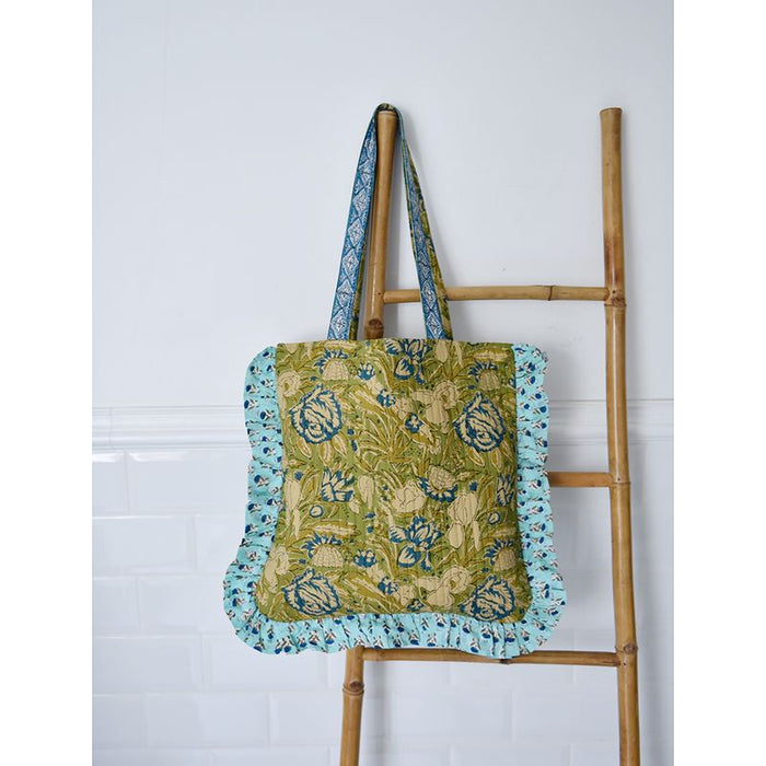 Block Printed Green & Aqua Blue Quilted Ruffle Tote Bag