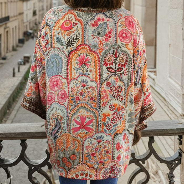 Pink, Orange & Cream Floral Tile Print Viscose Summer Jacket