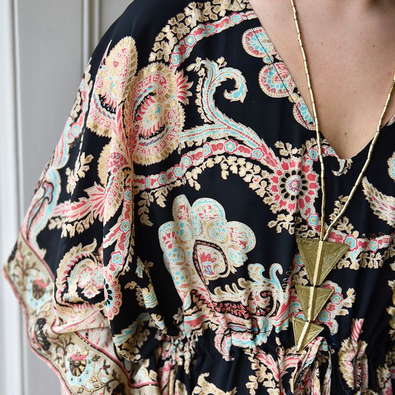 'Misty' Black, Rose & Gold Floral Baroque Print Kaftan Dress