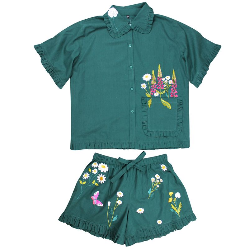 Forest Green Embroidered Floral Cotton Short Pyjama Set