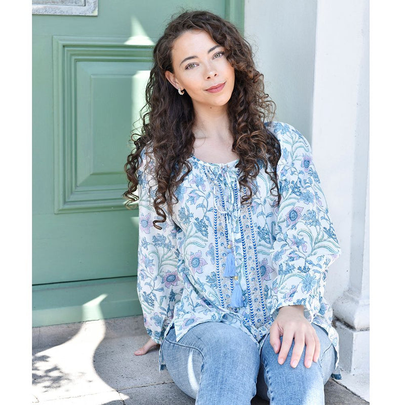 Block Printed Lilac Floral Cotton Blouse 'Cassidy'