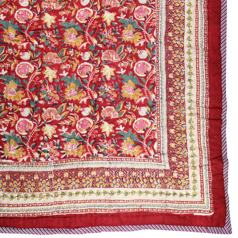 Deep Red, Green & Mustard Floral Indian Block Printed Cotton Bed Quilt